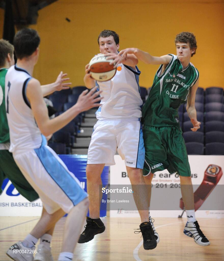 31 January 2008; Stephen Brooks, Ard Scoil Ris Dublin, in action against Ciaran O'Boyle, St. Malachy’s College. U19B Boys, All-Ireland Schools Basketball Cup Final, Ard Scoil Ris Dublin v St. Malachy’s College, Belfast, National Basketball Arena, Tallaght, Dublin. Picture credit: Brian Lawless / SPORTSFILE