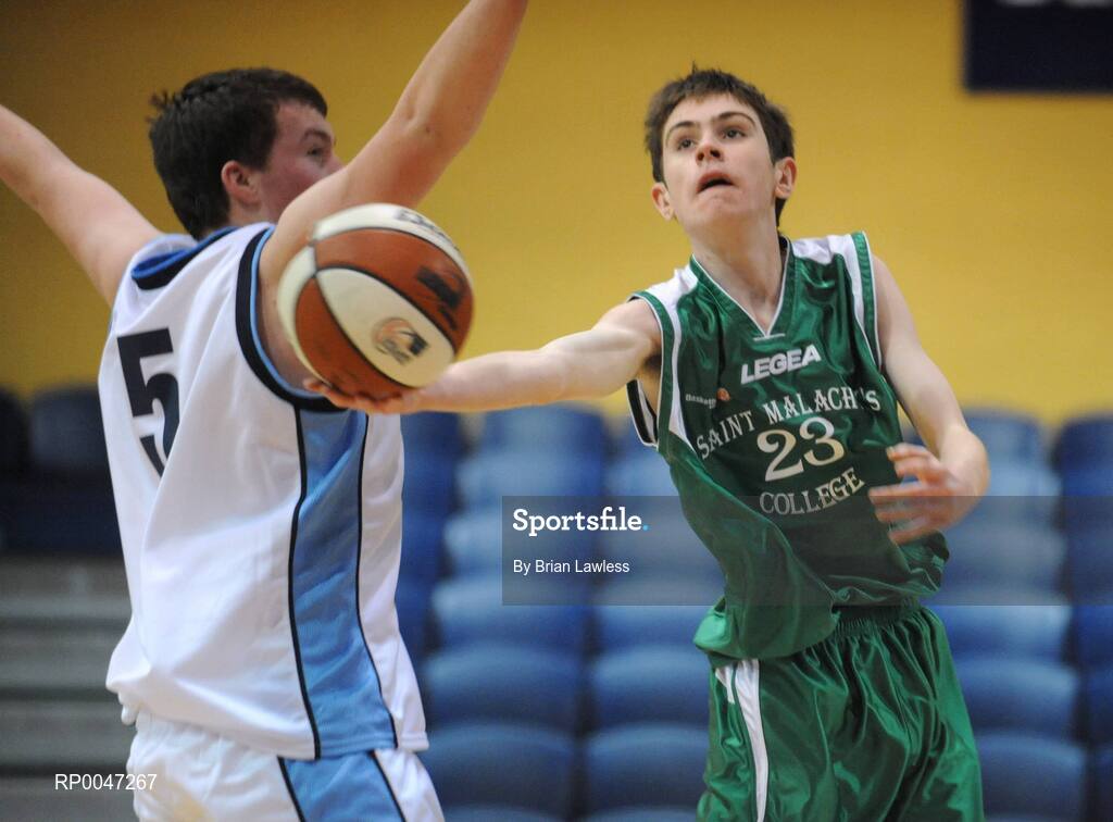 31 January 2008; Caoimhin Eastwood, St. Malachy’s College, in action against Stephen Brooks, Ard Scoil Ris Dublin. U19B Boys, All-Ireland Schools Basketball Cup Final, Ard Scoil Ris Dublin v St. Malachy’s College, Belfast, National Basketball Arena, Tallaght, Dublin. Picture credit: Brian Lawless / SPORTSFILE