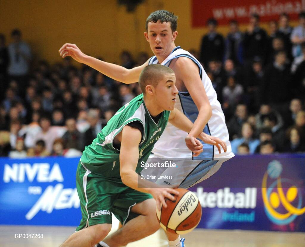 31 January 2008; James Hughes, St. Malachy’s College, in action against Gary O'Meara, Ard Scoil Ris Dublin. U19B Boys, All-Ireland Schools Basketball Cup Final, Ard Scoil Ris Dublin v St. Malachy’s College, Belfast, National Basketball Arena, Tallaght, Dublin. Picture credit: Brian Lawless / SPORTSFILE