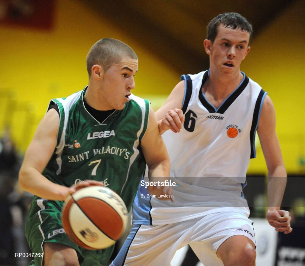 31 January 2008; James Hughes, St. Malachy’s College, in action against Gary O'Meara, Ard Scoil Ris Dublin. U19B Boys, All-Ireland Schools Basketball Cup Final, Ard Scoil Ris Dublin v St. Malachy’s College, Belfast, National Basketball Arena, Tallaght, Dublin. Picture credit: Brian Lawless / SPORTSFILE