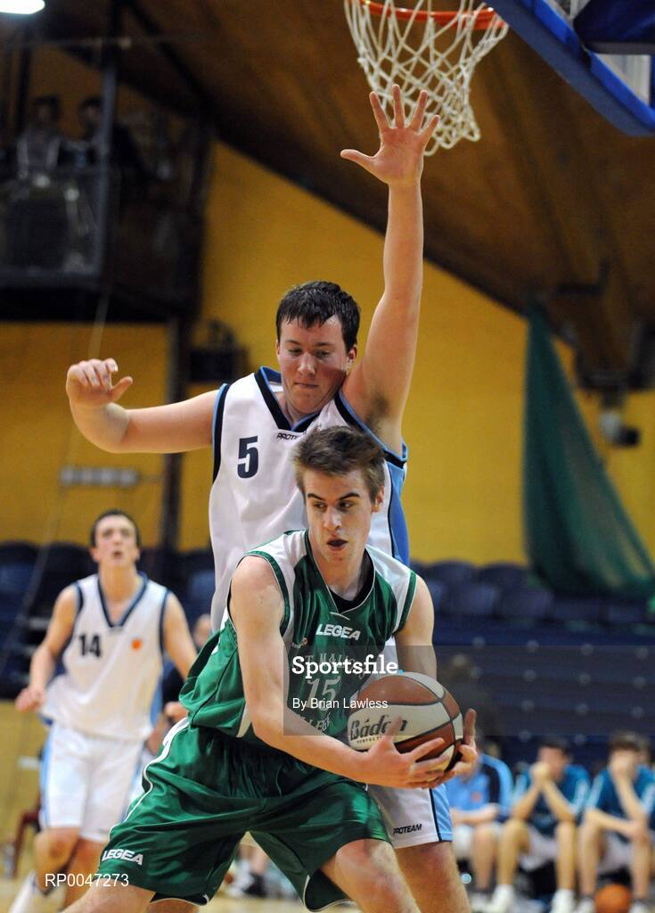 31 January 2008; Aidan Arkins, St. Malachy’s College, in action against Stephen Brooks, Ard Scoil Ris Dublin. U19B Boys, All-Ireland Schools Basketball Cup Final, Ard Scoil Ris Dublin v St. Malachy’s College, Belfast, National Basketball Arena, Tallaght, Dublin. Picture credit: Brian Lawless / SPORTSFILE