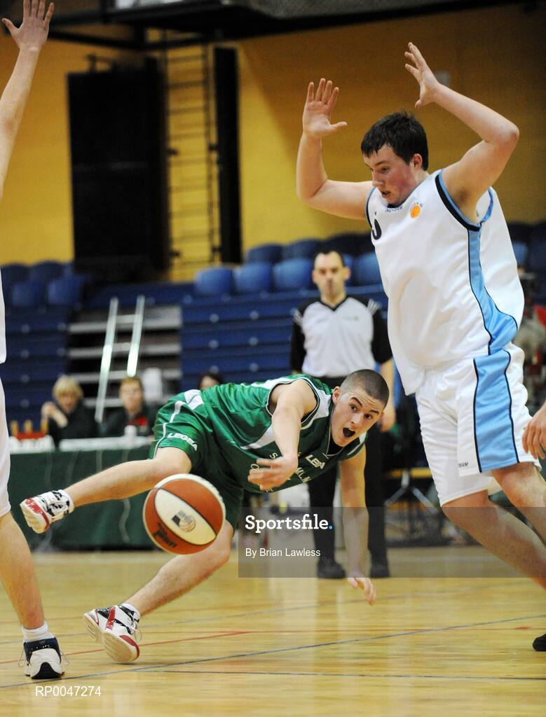 31 January 2008; James Hughes, St. Malachy’s College, in action against Stephen Brooks, Ard Scoil Ris Dublin. U19B Boys, All-Ireland Schools Basketball Cup Final, Ard Scoil Ris Dublin v St. Malachy’s College, Belfast, National Basketball Arena, Tallaght, Dublin. Picture credit: Brian Lawless / SPORTSFILE