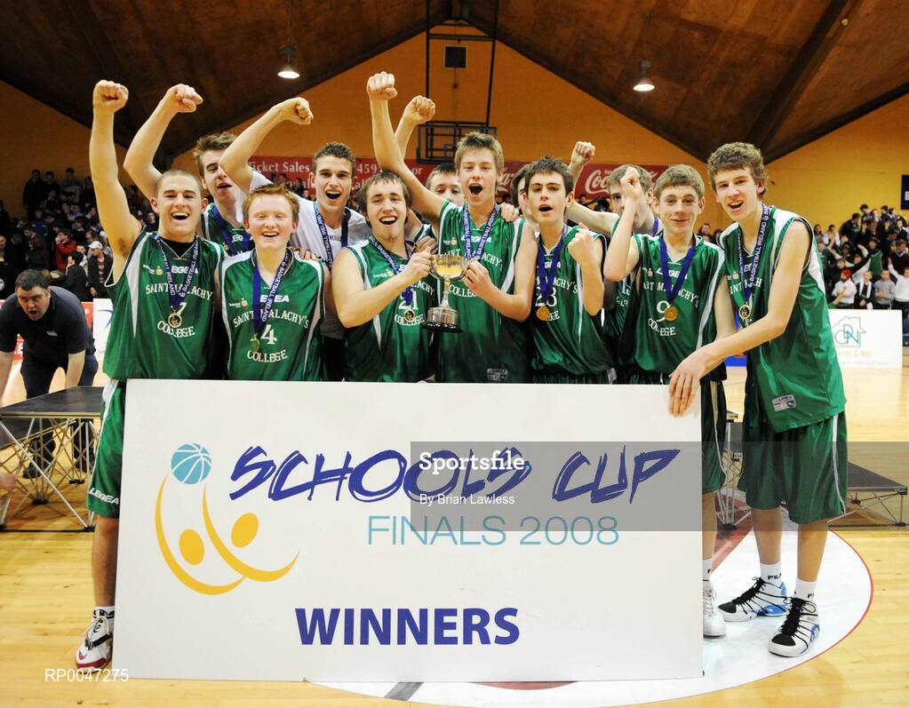 31 January 2008; The St. Malachy’s College team celebrate with the cup. U19B Boys, All-Ireland Schools Basketball Cup Final, Ard Scoil Ris Dublin v St. Malachy’s College, Belfast, National Basketball Arena, Tallaght, Dublin. Picture credit: Brian Lawless / SPORTSFILE