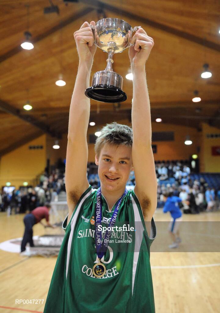 31 January 2008; St. Malachy’s College captain Greg O'Neill lifts the cup. U19B Boys, All-Ireland Schools Basketball Cup Final, Ard Scoil Ris Dublin v St. Malachy’s College, Belfast, National Basketball Arena, Tallaght, Dublin. Picture credit: Brian Lawless / SPORTSFILE
