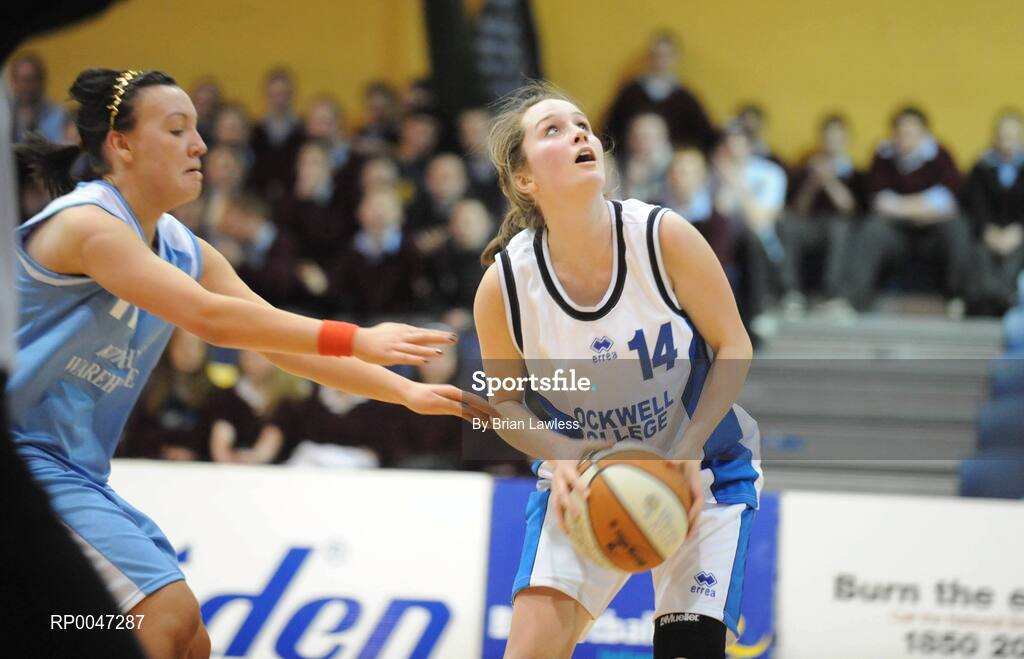 31 January 2008; Molly Walsh, Rockwell College, in action against Emily Cartwright, St. Joseph’s Charlestown. U19C Girls, All-Ireland Schools Basketball Cup Final, St. Joseph’s Charlestown, Mayo v Rockwell College, Tipperary, National Basketball Arena, Tallaght, Dublin. Picture credit: Brian Lawless / SPORTSFILE