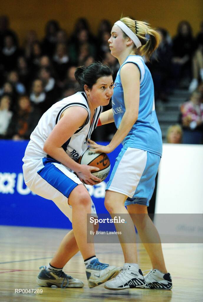 31 January 2008; Zoe O'Connor, St. Joseph’s Charlestown, in action against Deirdre Doherty, Rockwell College. U19C Girls, All-Ireland Schools Basketball Cup Final, St. Joseph’s Charlestown, Mayo v Rockwell College, Tipperary, National Basketball Arena, Tallaght, Dublin. Picture credit: Brian Lawless / SPORTSFILE
