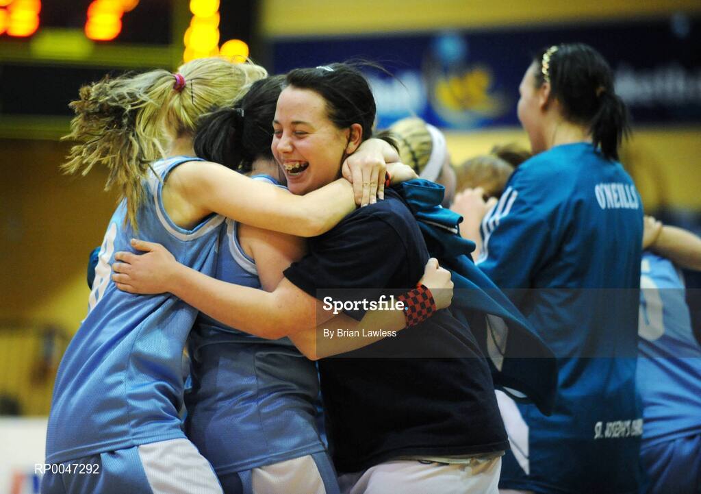 31 January 2008; Roisin Casey, St. Joseph’s Charlestown, celebrates with team-mates Katherine Horan and Sarah Dunleavy, centre, at the final whistle. U19C Girls, All-Ireland Schools Basketball Cup Final, St. Joseph’s Charlestown, Mayo v Rockwell College, Tipperary, National Basketball Arena, Tallaght, Dublin. Picture credit: Brian Lawless / SPORTSFILE