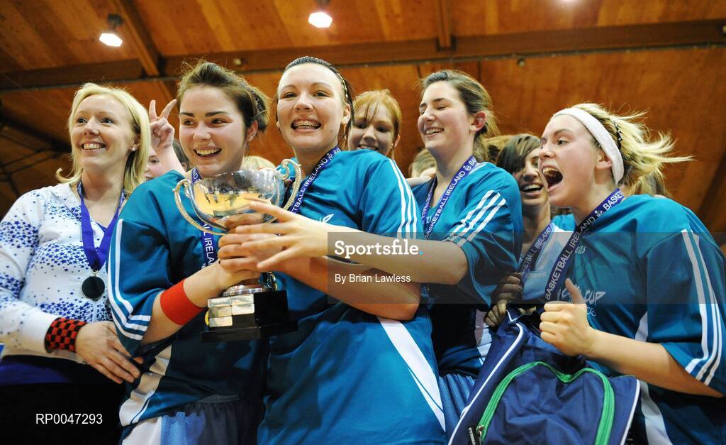 31 January 2008; St. Joseph’s Charlestown players and coach Anne Leydon, left, celebrate with the cup. U19C Girls, All-Ireland Schools Basketball Cup Final, St. Joseph’s Charlestown, Mayo v Rockwell College, Tipperary, National Basketball Arena, Tallaght, Dublin. Picture credit: Brian Lawless / SPORTSFILE