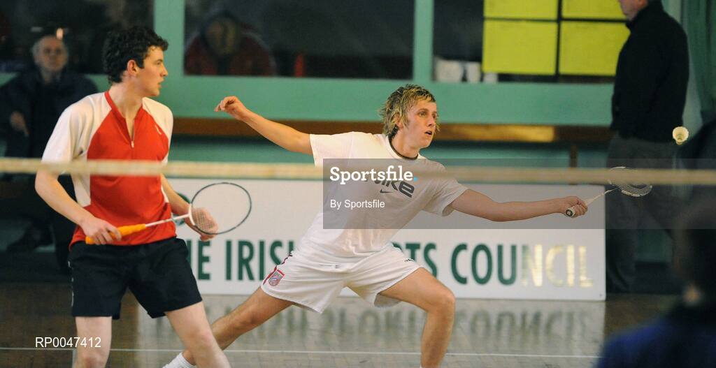 2 February 2008; Colin Oliver, right, and Donal O'Keeffe in action during Round 1 of the Mens Senior Doubles. Irish Senior National Badminton Championships 2008, Badminton Centre, Baldoyle, Dublin. Photo by Sportsfile  *** Local Caption ***