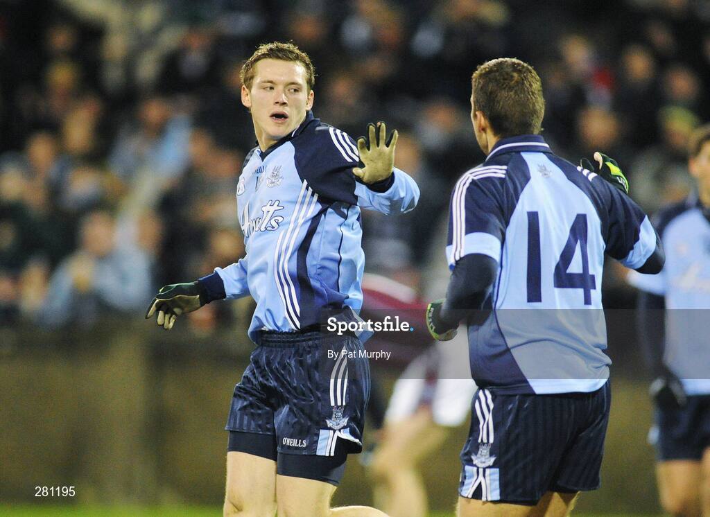2 February 2008; Dublin's Paul Flynn is congratulated by team-mate Conal Keaney after scoring a goal. Allianz National Football League, Division 2, Round 1, Dublin v Westmeath, Parnell Park, Dubllin. Picture credit: Pat Murphy / SPORTSFILE *** Local Caption ***