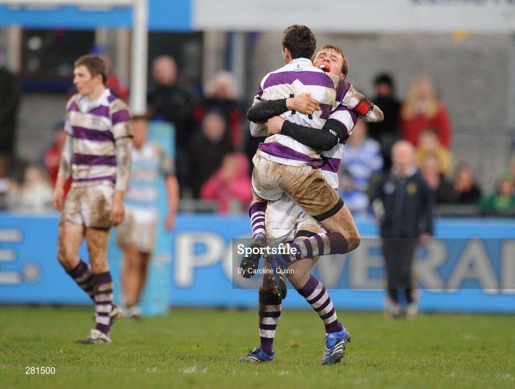 3 February 2008; Gerard Mullen and Daragh Cullen, Clongowes Wood, celebrate at the final whistle. Leinster Schools Senior Cup Quarter-Final, Blackrock College v Clongowes Wood College, Donnybrook, Dublin. Picture credit; Caroline Quinn / SPORTSFILE
