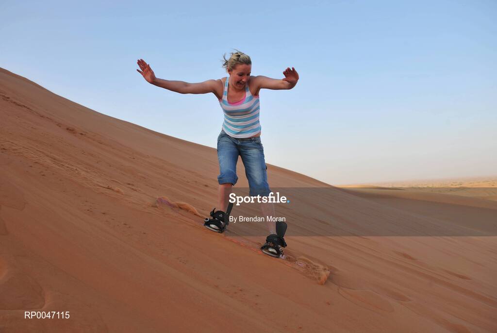 28 January 2008; Tracey Lawlor, Laois, goes sandboardng during a Safari Trip. O'Neills/TG4 Ladies Gaelic Football All Star Tour 2007, Dubai, United Arab Emirates. Picture credit: Brendan Moran / SPORTSFILE  *** Local Caption ***