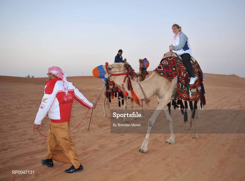 28 January 2008; Kerry footballer Sarah O'Connor tries out some camel rides during a Safari Trip. O'Neills/TG4 Ladies Gaelic Football All Star Tour 2007, Dubai, United Arab Emirates. Picture credit: Brendan Moran / SPORTSFILE  *** Local Caption ***