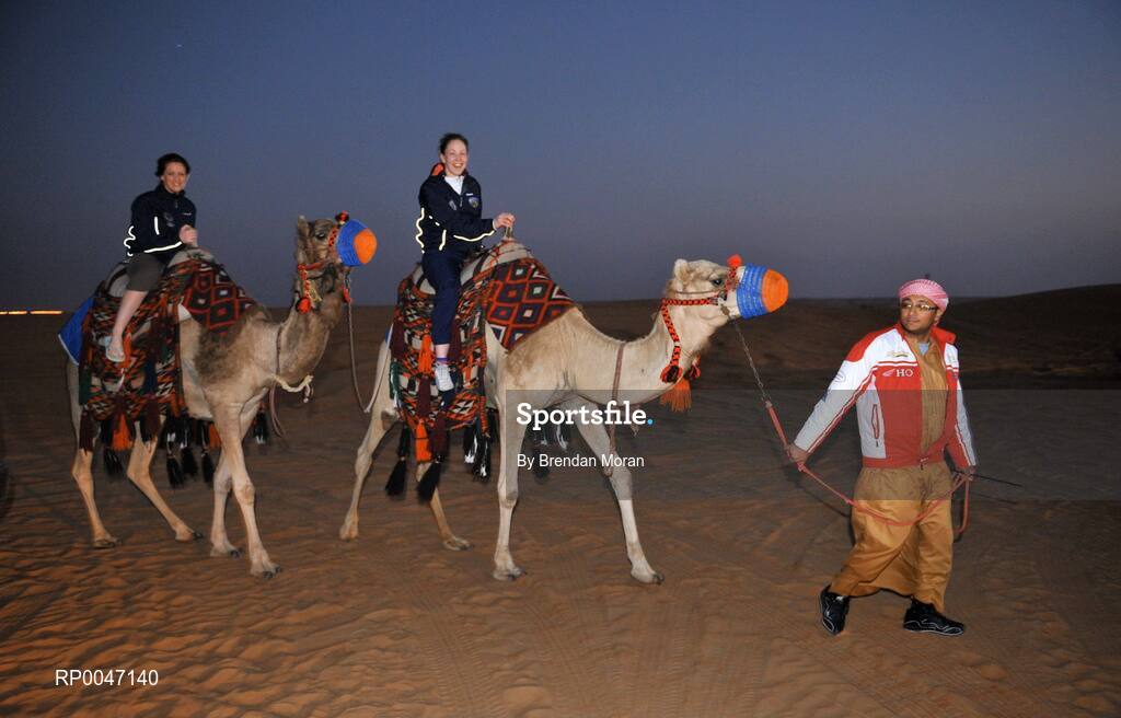 28 January 2008; Emer Flaherty, left, Galway and Lorraine Muckian, Laois, try out some camel rides during a Safari Trip. O'Neills/TG4 Ladies Gaelic Football All Star Tour 2007, Dubai, United Arab Emirates. Picture credit: Brendan Moran / SPORTSFILE  *** Local Caption ***