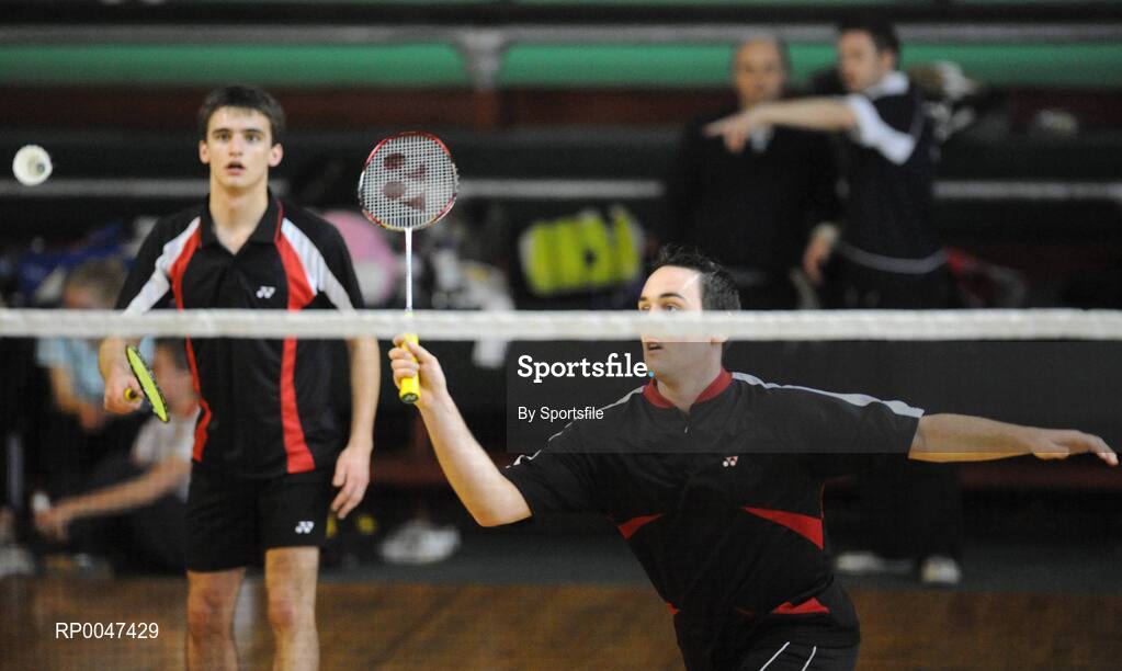 2 February 2008; Andrew Shannon, left, and Brian Smyth in action during Round 2 of the Mens Senior Doubles. Irish Senior National Badminton Championships 2008, Badminton Centre, Baldoyle, Dublin. Photo by Sportsfile  *** Local Caption ***