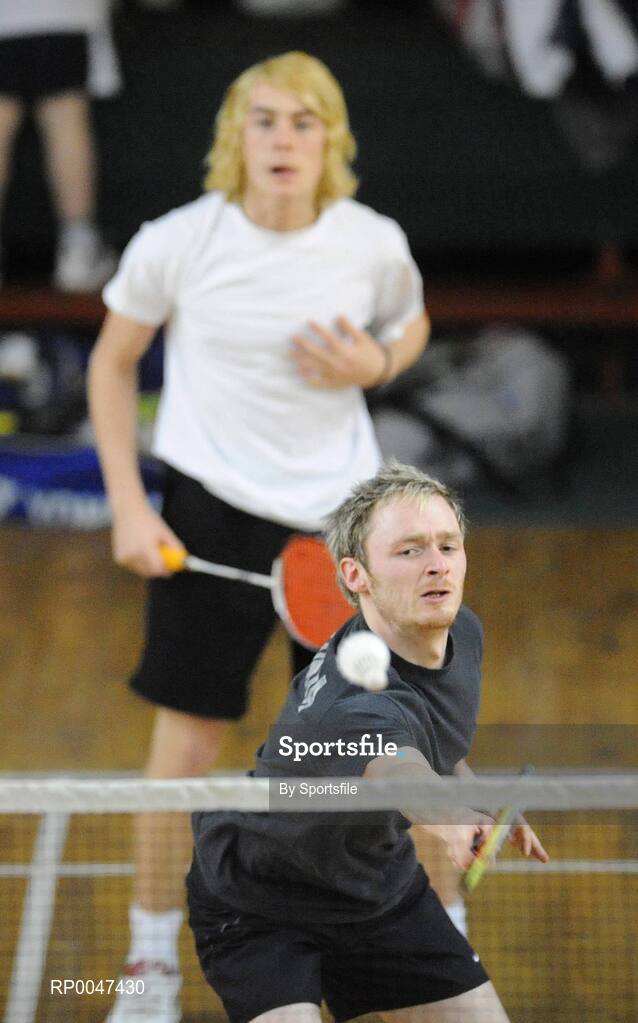2 February 2008; Will O'Neill in action with Luke Moore during Round 2 of the Mens Senior Doubles. Irish Senior National Badminton Championships 2008, Badminton Centre, Baldoyle, Dublin. Photo by Sportsfile  *** Local Caption ***
