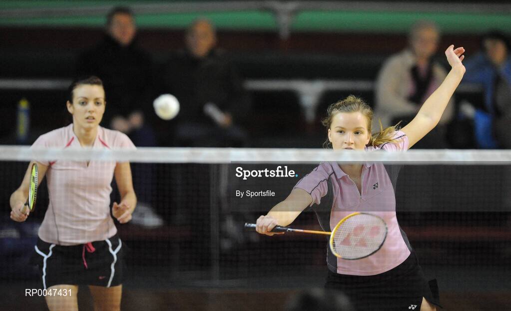 2 February 2008; Erin Keery, right, and Catherine Coyle in action during Round 1 of the Womens Senior Doubles. Irish Senior National Badminton Championships 2008, Badminton Centre, Baldoyle, Dublin. Photo by Sportsfile  *** Local Caption ***