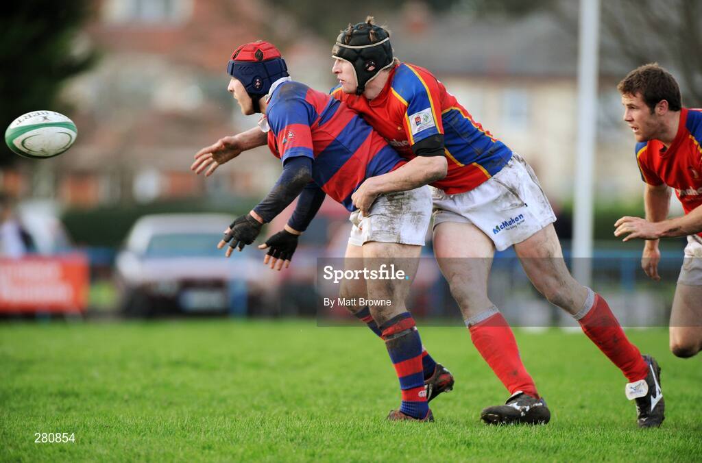 26 January 2008; Breiffne O'Donnell, Clontarf, is tackled by Coleman Finn, UL Bohemians. AIB League Division 1, Clontarf v UL Bohemians, Castle Ave, Clontarf, Dublin. Picture credit; Matt Browne / SPORTSFILE