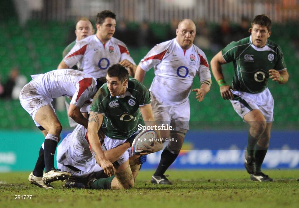 1 February 2008; Ryan Caldwell, Ireland A, is tackled by Lee Dickson, left and Tom Palmer, England Saxons. England Saxons v Ireland A, Welford Road, Leicester, England. Picture credit; Stephen McCarthy / SPORTSFILE