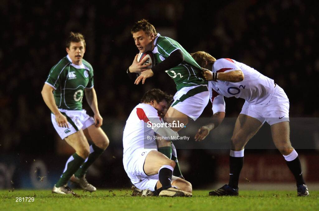 1 February 2008; Tommy Bowe, Ireland A, is tackled by Ollie Smith and Shane Geraghty, right, England Saxons. England Saxons v Ireland A, Welford Road, Leicester, England. Picture credit; Stephen McCarthy / SPORTSFILE