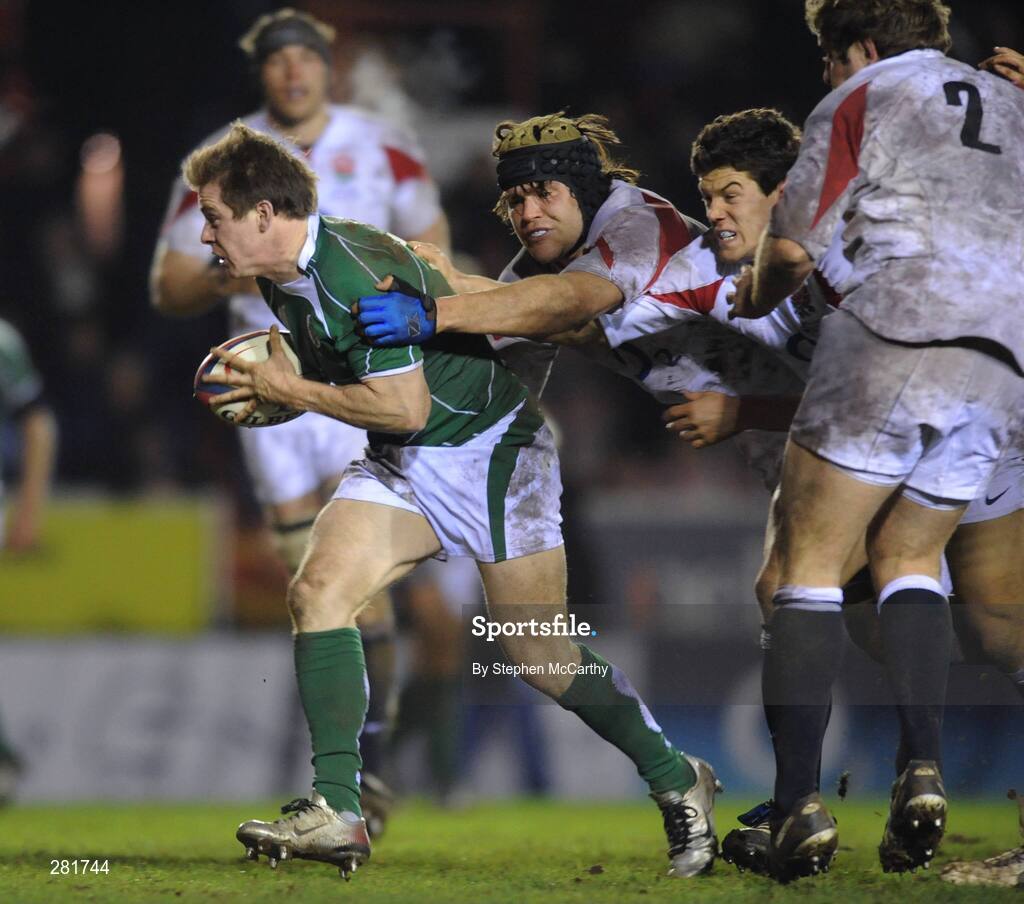 1 February 2008; Andrew Dunne, Ireland A, is tackled by Tom Palmer, scrum cap, and Anthony Allen, England Saxons. England Saxons v Ireland A, Welford Road, Leicester, England. Picture credit; Stephen McCarthy / SPORTSFILE