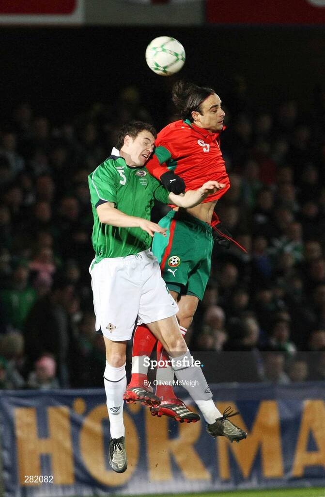 6 February 2008; Jonny Evans, Northern Ireland, in action against Dimitar Berbatov, Bulgaria. International Friendly, Northern Ireland v Bulgaria, Windsor Park, Belfast, Co. Antrim. Picture credit; Oliver McVeigh / SPORTSFILE