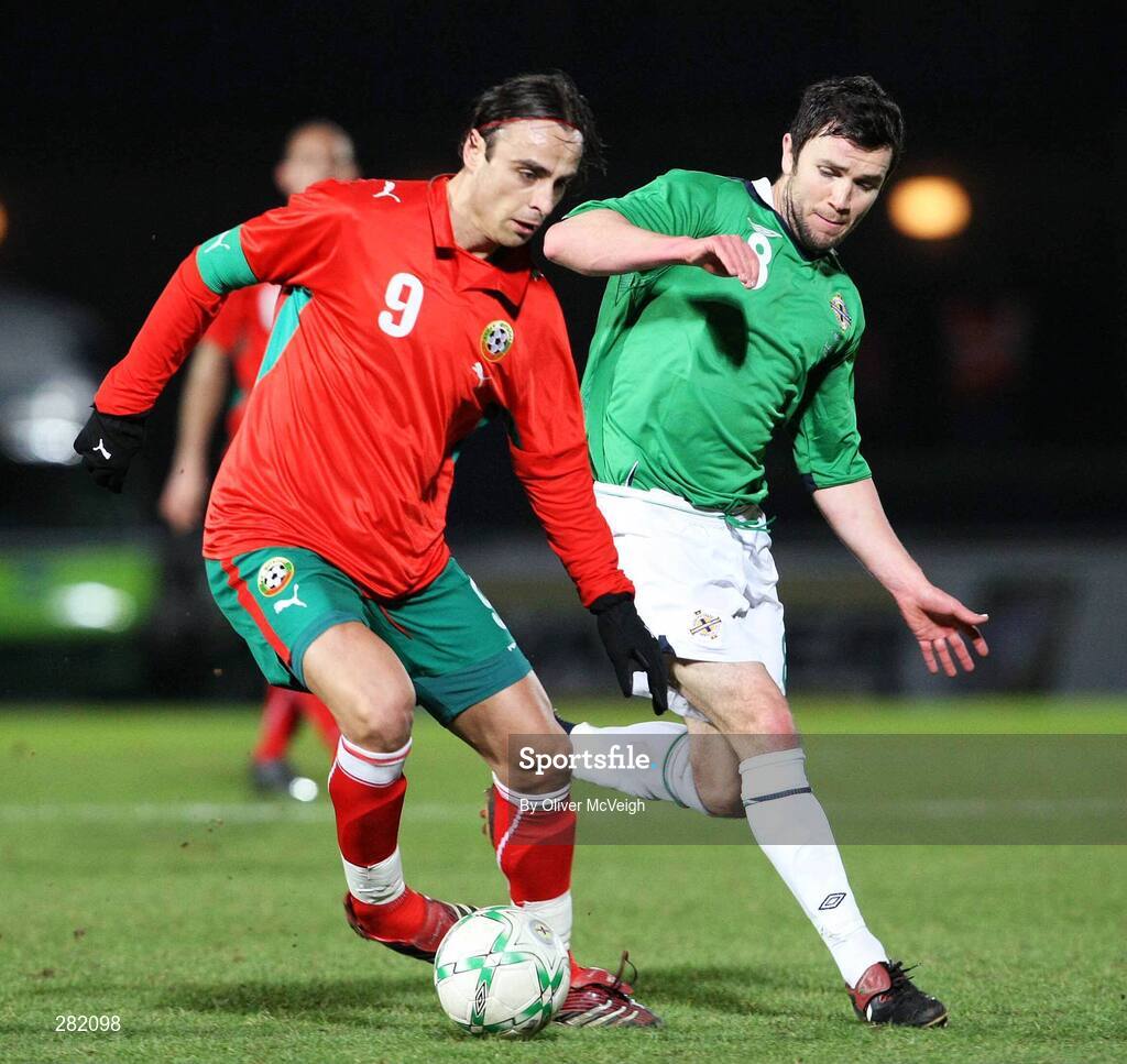 6 February 2008; Dimitar Berbatov, Bulgaria, in action against Damien Johnston, Northern Ireland. International Friendly, Northern Ireland v Bulgaria, Windsor Park, Belfast, Co. Antrim. Picture credit; Oliver McVeigh / SPORTSFILE