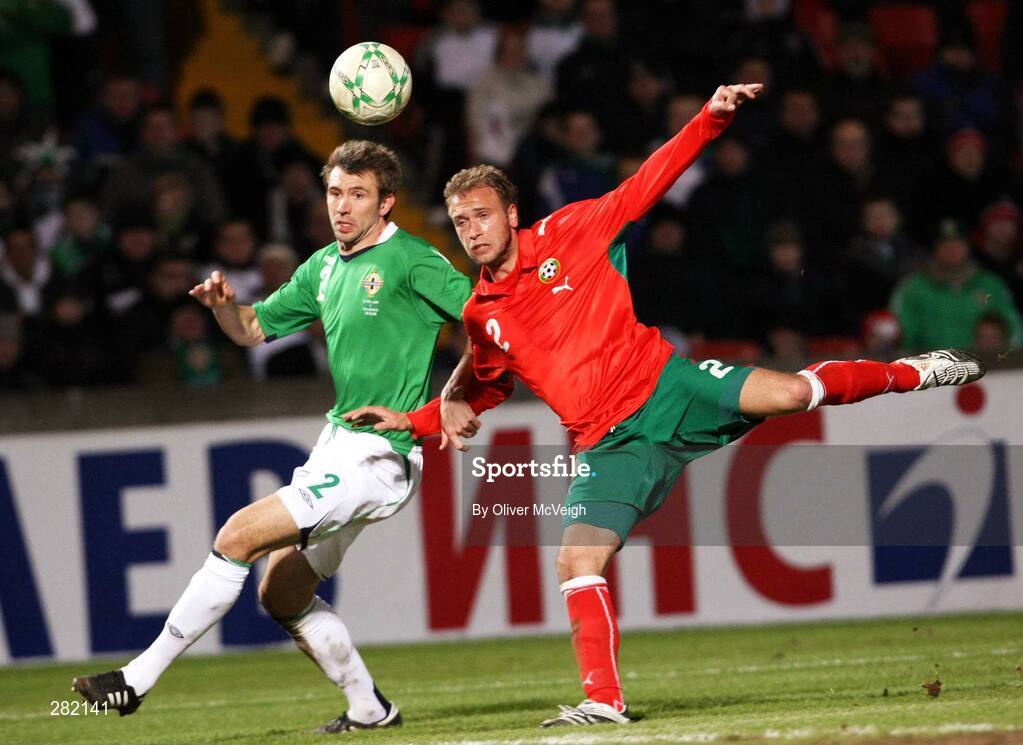 6 February 2008; Gareth McAuley, Northern Ireland, in action against Mihail Venkov, Bulgaria. International Friendly, Northern Ireland v Bulgaria, Windsor Park, Belfast, Co. Antrim. Picture credit; Oliver McVeigh / SPORTSFILE