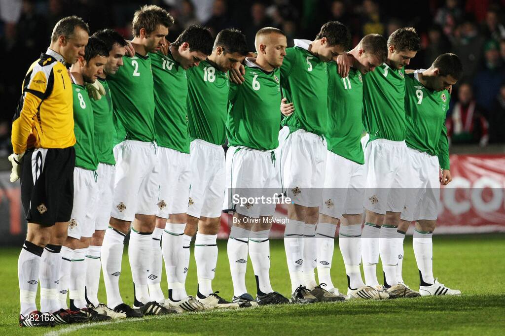 6 February 2008; The Northern Ireland team stand for a minute's silence, in memory of the 50th anniversary of the Munich air crash. International Friendly, Northern Ireland v Bulgaria, Windsor Park, Belfast, Co. Antrim. Picture credit; Oliver McVeigh / SPORTSFILE
