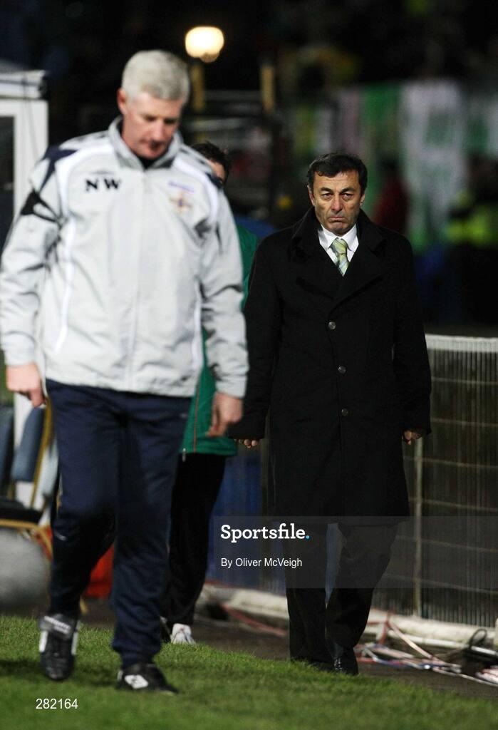 6 February 2008; Bulgaria manager Plamen Markov comes off the pitch at the end of the match in the shadow of Northern Ireland manager Nigel Worthington. International Friendly, Northern Ireland v Bulgaria, Windsor Park, Belfast, Co. Antrim. Picture credit; Oliver McVeigh / SPORTSFILE