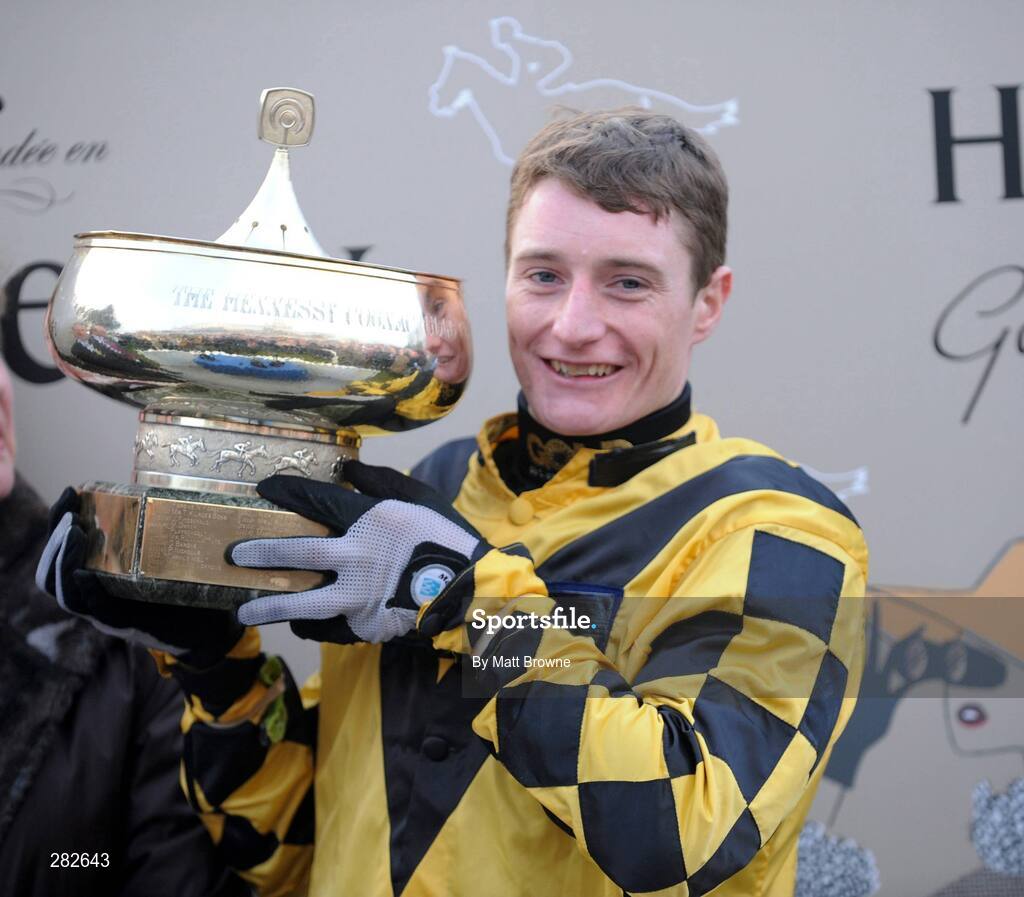 10 February 2008; Darryl Jacob with the Hennessy Cognac Gold Cup. Leopardstown Racecourse, Dublin. Picture credit; Matt Browne / SPORTSFILE