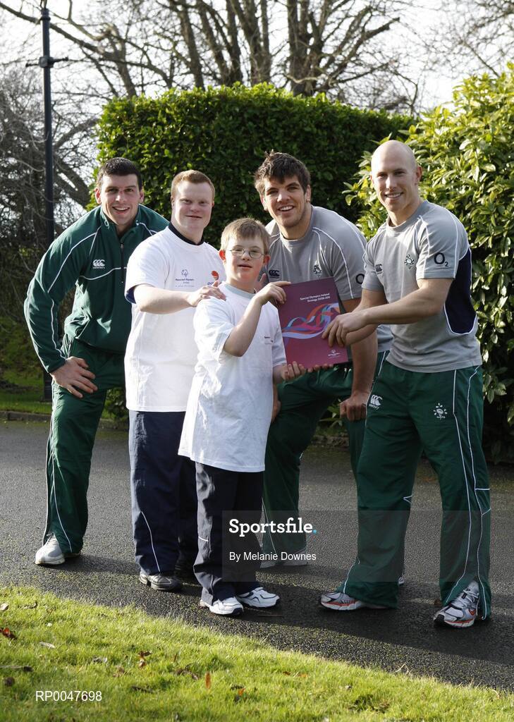 6 February 2008; Phoenix Flyers Special Olympics Club athletes Keith Murtagh, left, from Lucan, Co.Dublin, and Lee Ruth, 10, from Finglas, Dublin, show the new Special Olympics Ireland Strategy 2008 - 2011 to Irish Rugy Internationals Denis Leamy, Donncha O'Callaghan and Peter Stringer. The strategy is available to download at www.specialolympics.ie. Fitzpatrick Castle Hotel, Killiney, Co Dublin. Picture credit: Melanie Downes / SPORTSFILE
