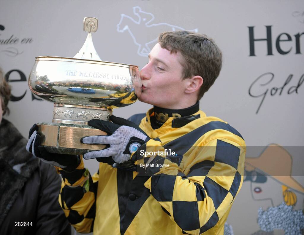 10 February 2008; Darryl Jacob with the Hennessy Cognac Gold Cup. Leopardstown Racecourse, Dublin. Picture credit; Matt Browne / SPORTSFILE