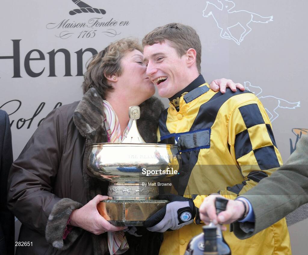 10 February 2008; Sue Humphreys, Owner of Hennessy Cognac Gold Cup winner The Listener, with jockey Daryl Jacob. Leopardstown Racecourse, Dublin. Picture credit; Matt Browne / SPORTSFILE