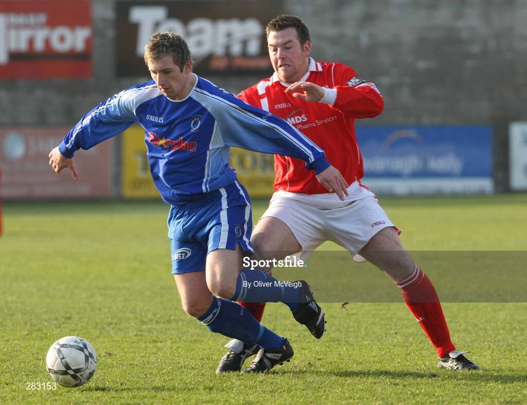 16 February 2008; Mark McAllister, Dungannon Swifts, in action against Declan O'Hara, Cliftonville. Carnegie League Premier Division, Dungannon Swifts v Cliftonville, Stangmore Park, Dungannon, Co. Tyrone. Picture credit; Oliver McVeigh / SPORTSFILE