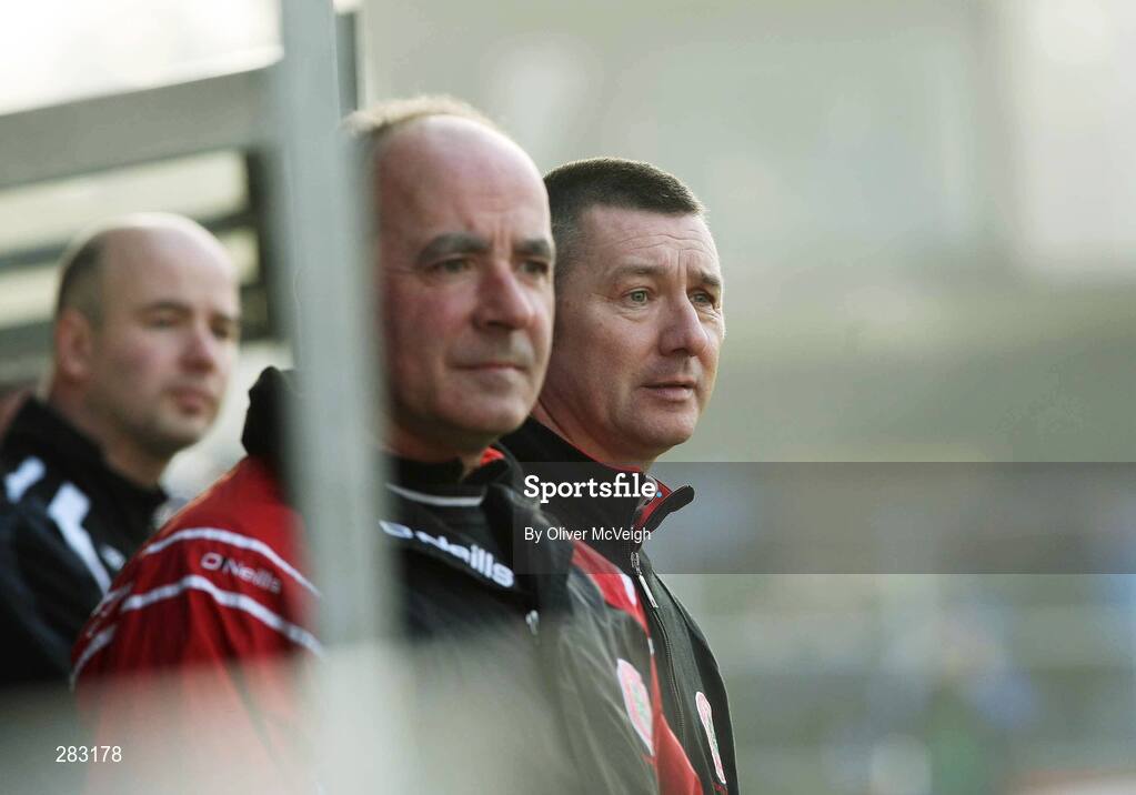 16 February 2008; Cliftonville manager Eddie Patterson, right, watches from the sideline. Carnegie League Premier Division, Dungannon Swifts v Cliftonville, Stangmore Park, Dungannon, Co. Tyrone. Picture credit; Oliver McVeigh / SPORTSFILE