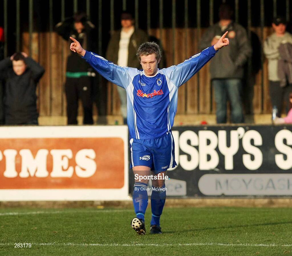 16 February 2008; Dungannon Swifts' Mark McAllister celebrates after setting up the first goal. Carnegie League Premier Division, Dungannon Swifts v Cliftonville, Stangmore Park, Dungannon, Co. Tyrone. Picture credit; Oliver McVeigh / SPORTSFILE