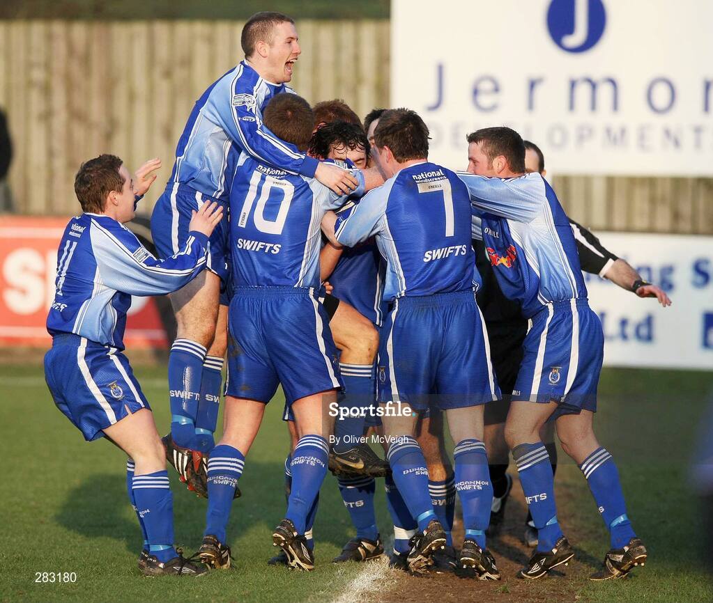 16 February 2008; Dungannon Swifts players celebrate after Michael Hegarty scored his side's opening goal. Carnegie League Premier Division, Dungannon Swifts v Cliftonville, Stangmore Park, Dungannon, Co. Tyrone. Picture credit; Oliver McVeigh / SPORTSFILE
