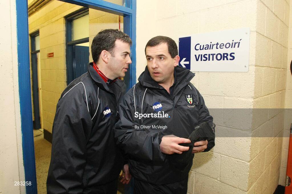 16 February 2008; Monaghan manager Seamus McEnaney, right, and his assistant Martin McElkennon leave the changing rooms for the start of the match. Allianz National Football League, Division 2, Round 2, Cavan v Monaghan, Kingspan Breffni Park, Cavan. Picture credit; Oliver McVeigh / SPORTSFILE