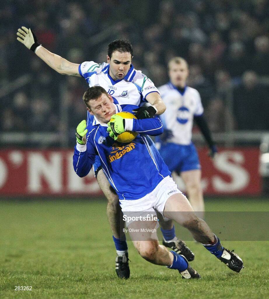 16 February 2008; Lorcan Mulvey, Cavan, in action against Paul Finlay, Monaghan. Allianz National Football League, Division 2, Round 2, Cavan v Monaghan, Kingspan Breffni Park, Cavan. Picture credit; Oliver McVeigh / SPORTSFILE