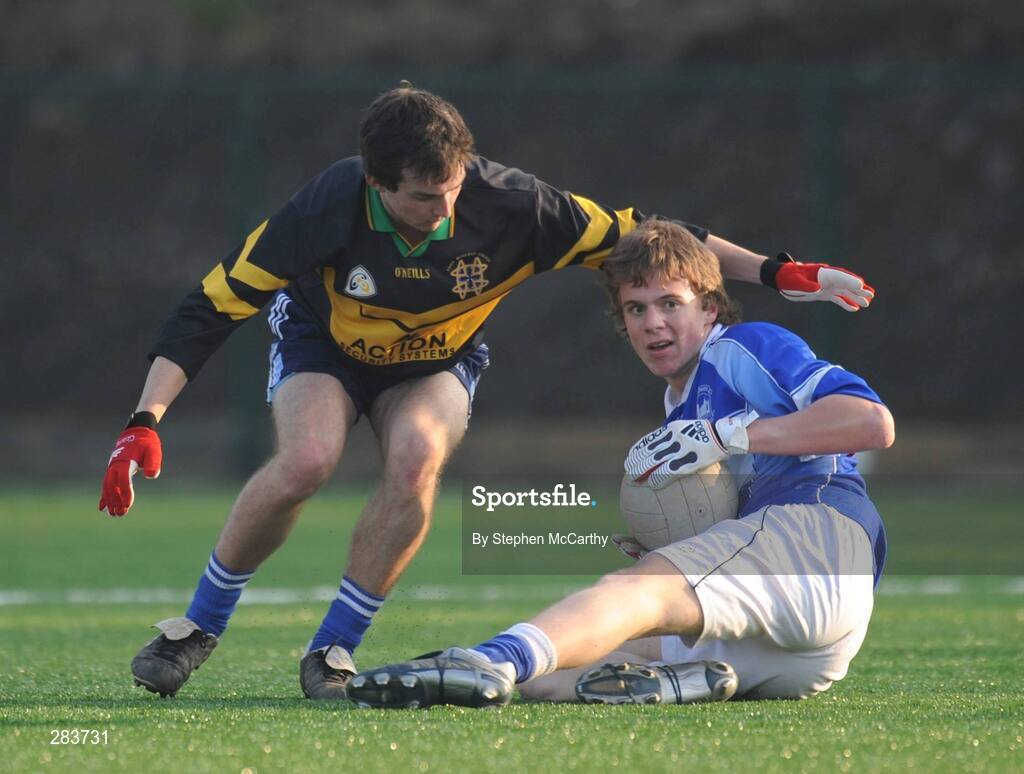 19 February 2008; Daryl Lambe, Old Bawn, in action against Donal Ahern, Colaiste Eanna. Dublin Schools Senior Football B Semi-Final, Old Bawn Community School v Colaiste Eanna, UCD, Belfield, Dublin. Picture credit; Stephen McCarthy / SPORTSFILE