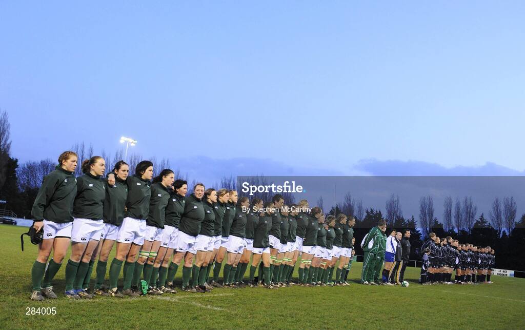 22 February 2008; A general view of the side's lined up for the National Anthems ahead of the game. Women's Six Nations Rugby Championship, Ireland v Scotland, Templeville Road, Dublin. Picture credit: Stephen McCarthy / SPORTSFILE