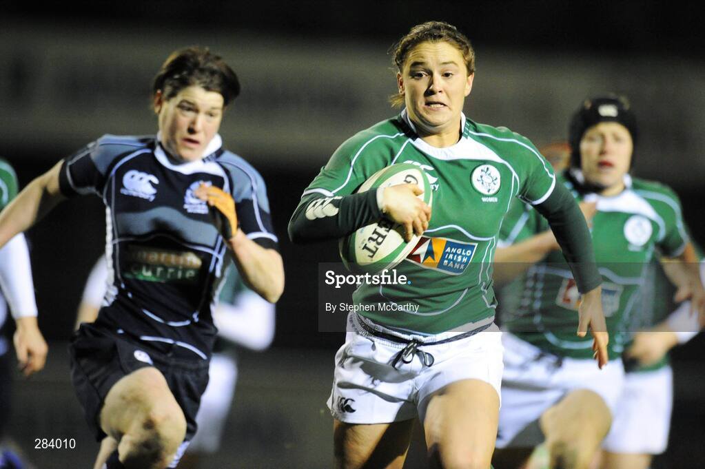 22 February 2008; Jo O'Sullivan, Ireland, on her way to scoring her side's first try despite the attention of Hazel Bielinski, Scotland. Women's Six Nations Rugby Championship, Ireland v Scotland, Templeville Road, Dublin. Picture credit: Stephen McCarthy / SPORTSFILE