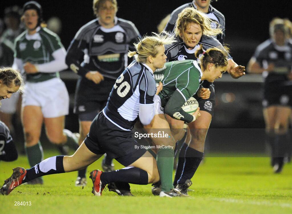 22 February 2008; Jo O'Sullivan, Ireland, is tackled by Laura Steven, 20, and Heather Lockhart, Scotland. Women's Six Nations Rugby Championship, Ireland v Scotland, Templeville Road, Dublin. Picture credit: Stephen McCarthy / SPORTSFILE