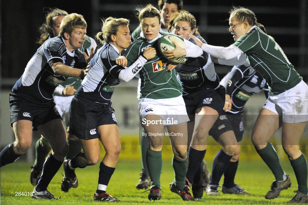 22 February 2008; Ireland's Lynne Cantwell and Shannon Houston, right, in action against, from left, Lynne Reid, Sarah Gill and Suzi Newton, Scotland. Women's Six Nations Rugby Championship, Ireland v Scotland, Templeville Road, Dublin. Picture credit: Stephen McCarthy / SPORTSFILE
