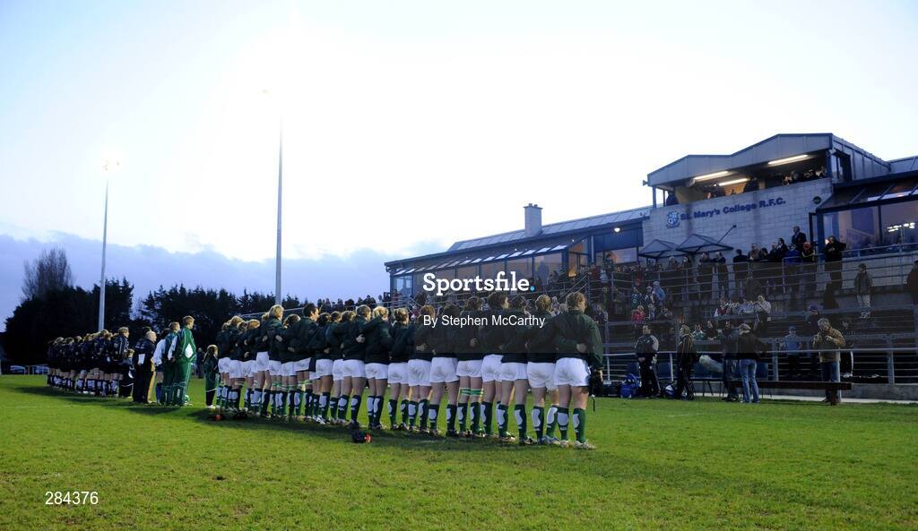 22 February 2008; The Ireland and Scotland teams line up for the national anthems in front of the main stand at Templeville Road. Women's Six Nations Rugby Championship, Ireland v Scotland, Templeville Road, Dublin. Picture credit: Stephen McCarthy / SPORTSFILE