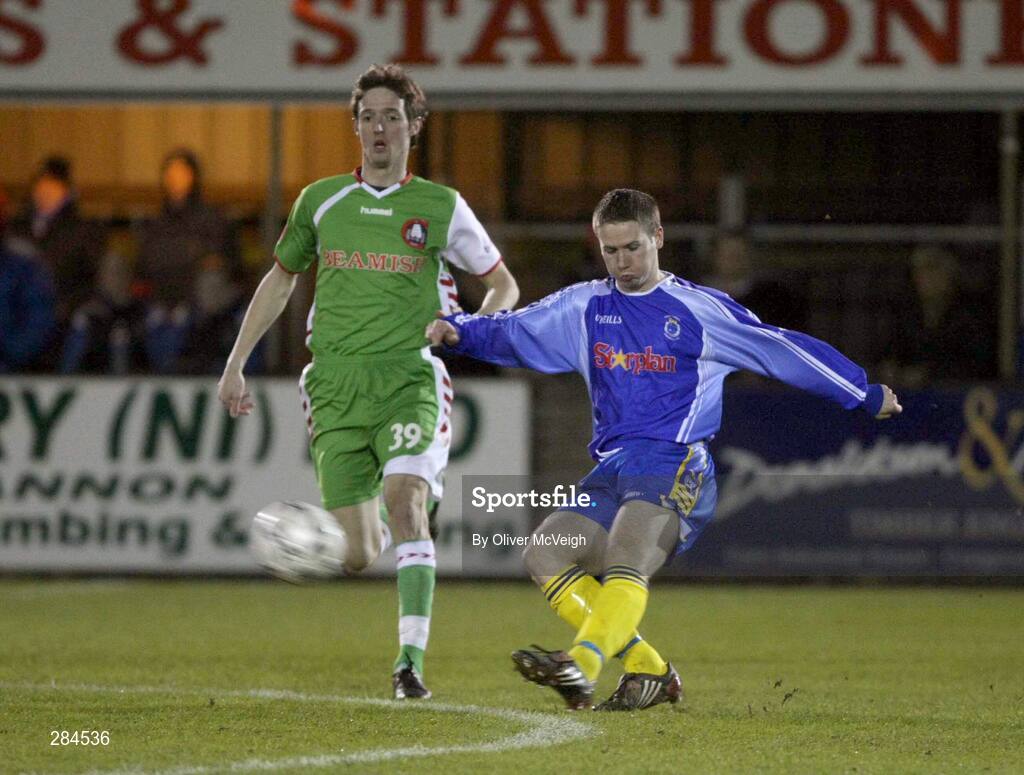 26 February 2008; JP Gallagher, Dungannon Swifts, in action against Dave Mooney, Cork City. Setanta Cup, Dungannon Swifts v Cork City, Stangmore Park, Dungannon, Co. Tyrone. Picture credit; Oliver McVeigh / SPORTSFILE