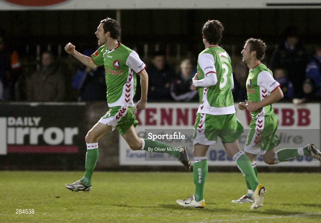 26 February 2008; George O'Callaghan, Cork City, celebrates with team-mates Darragh Ryan and Joe Gamble, right, after scoring his side's first goal. Setanta Cup, Dungannon Swifts v Cork City, Stangmore Park, Dungannon, Co. Tyrone. Picture credit; Oliver McVeigh / SPORTSFILE