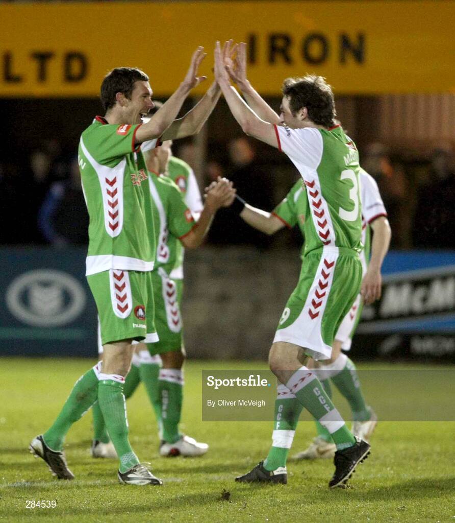 26 February 2008; George O'Callaghan, Cork City, left, celebrates with team-mate Dave Mooney after scoring his side's his first goal. Setanta Cup, Dungannon Swifts v Cork City, Stangmore Park, Dungannon, Co. Tyrone. Picture credit; Oliver McVeigh / SPORTSFILE