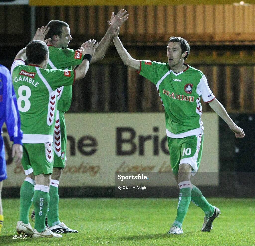 26 February 2008; George O'Callaghan, Cork City, celebrates with Joe Gamble and Dan Murray, after scooring the second goal. Setanta Cup, Dungannon Swifts v Cork City, Stangmore Park, Dungannon, Co. Tyrone. Picture credit; Oliver McVeigh / SPORTSFILE